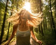 Woman sprints through lush green woods, mental health