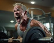 Man sweating while lifting weights, mental health