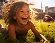 A child laughing as they play in a park, mental health