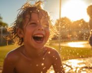 Kids running through sprinklers, mental health
