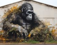Gorilla sitting on building wall, 3d graffiti art