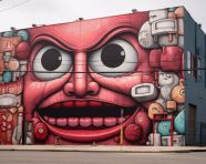 A street mural of large red face thats on a building, 3d graffiti art