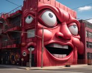 Street mural with giant red face, 3d graffiti art