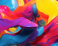 Brightly colored liquids swirl in the air, alcohol ink art