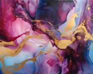 A colorful painting with copper gold and blue elements, alcohol ink art