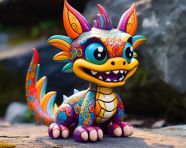 An image of a colorful ceramic figurine on a rock, alebrije style