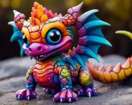 Colorful ceramic figurine on rock, alebrije style