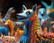 The colorful animals on display on a table, alebrije style