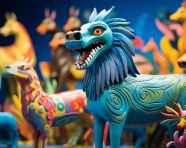 Colorful animals on display, alebrije style