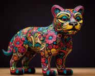A colorful hand crafted figurine of a mexican panther, alebrije style