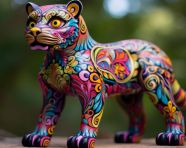 Colorful handcrafted mexican panther figurine, alebrije style