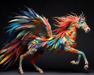 A detailed paper mache horse with colorful feathers, alebrije style