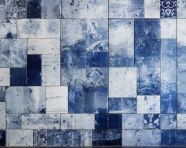 An ornate pattern of blue and white tiles in a background, azulejo art