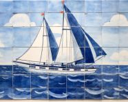 Sailboat in blue and white tiles, azulejo art