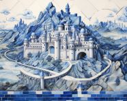 A ceramic tile painting shows a map of medieval castle in a place, azulejo art