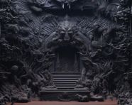 The black wall of an ancient structure that has some chinese decorations on it, bas relief art