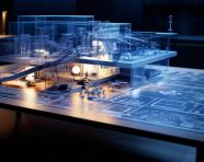 Blueprints of a building on table, blueprint style