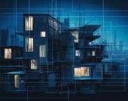 Blueprint city architecture in the background, blueprint style