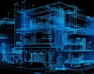 3d scanned blueprints and plans of an architectural building, blueprint style