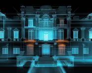 3d scanned blueprints of architectural building, blueprint style