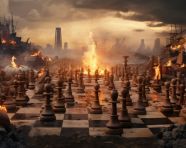 Chess pieces that are being destroyed on the checkered board, board game style art