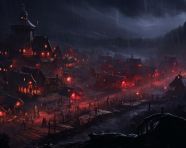 Older sidhe city at night with lights behind a village, board game style art