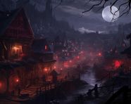 Village lights in the night sky, board game style art
