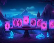 Six poker cards are illuminated on a purple or blue background, board game style art