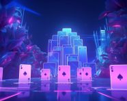 Poker playing cards glow purple under neon lights, board game style art