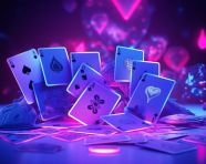 Poker cards glow purple in neon light, board game style art