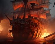 A pirate ship full of smoke and fire, board game style art