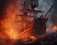 Pirate ship in flames, board game style art