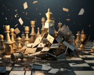 Chess pieces fall on an empty chessboard, board game style art