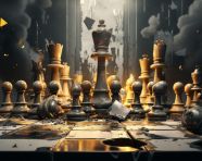 Chess pieces tumble onto empty board, board game style art