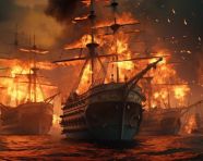 Battle royale ships are fighting against intense fire, board game style art
