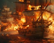 Ships struggling to survive sea of fire, board game style art