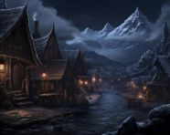 Mountain village at night with candlelight, board game style art