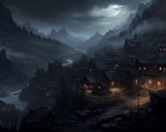 A dark mountainous village with glowing lights, board game style art
