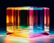 An abstract glass rainbow cube with transparent glass in it, carnival glass style art