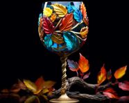 A colorful wine glass with a gold and leaves, carnival glass style art