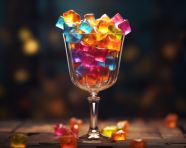 A cocktail glass filled with colorful ice cubes, carnival glass style art