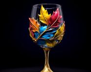 Colorful wine glass with gold and leaves, carnival glass style art