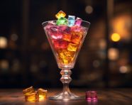 Cocktail glass with colorful ice cubes, carnival glass style art