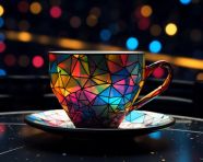 A 3d rendering of a futuristic cup on a dark table, carnival glass style art