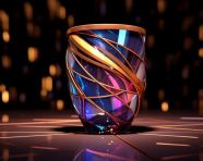 A drink cup is sitting on a glass surface with lights showing, carnival glass style art