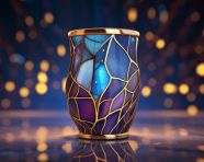 Drink cup on glass table with lights, carnival glass style art