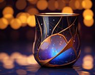 Glass cup with beverage and reflections, carnival glass style art