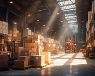 Warehouse robots sorting packages, cartonnage style art