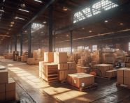 Shipping container stacked in port, cartonnage style art