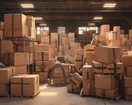 Many boxes piled up in warehouse to protect contents, cartonnage style art